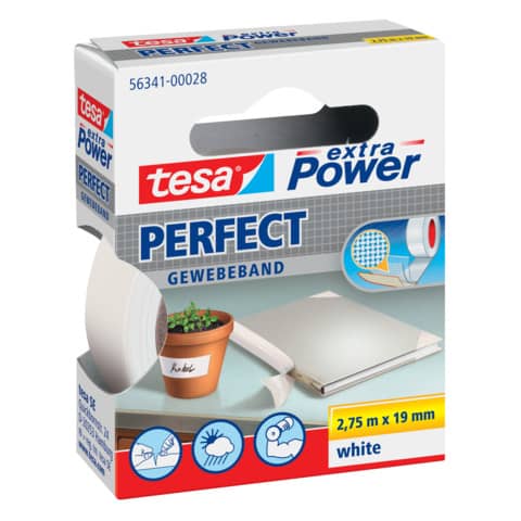 Nastro adesivo in tela tesa extra Power®Perfect plastificato 19 mm x 2,75 m bianco - 56341-00028-03